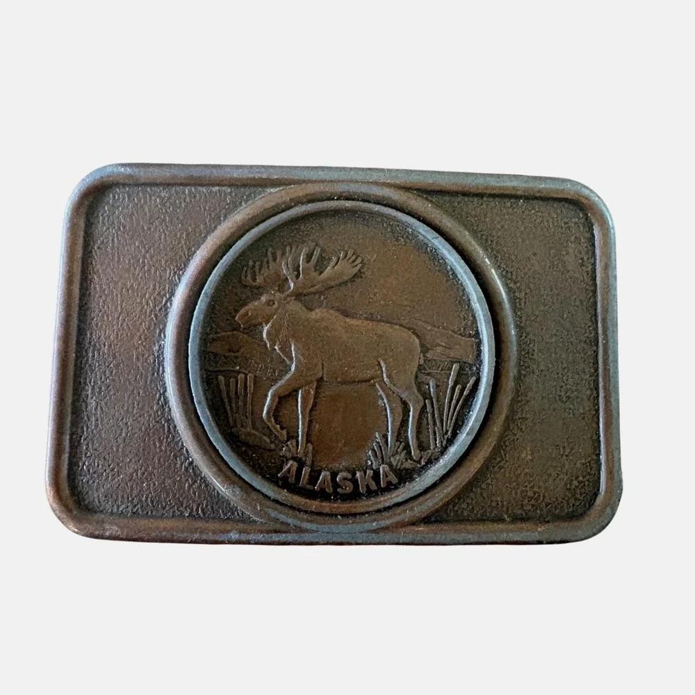 Vintage Century Canada Alaska Moose‎ Belt Buckle Brass Tone Wildlife Souvenir